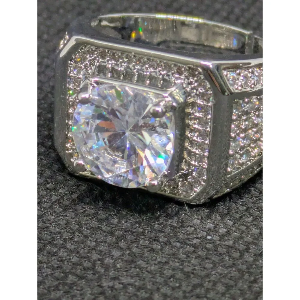 New Mens Iced Out Square Statement Moissanite Accent Ring Adjustable Size 10-12